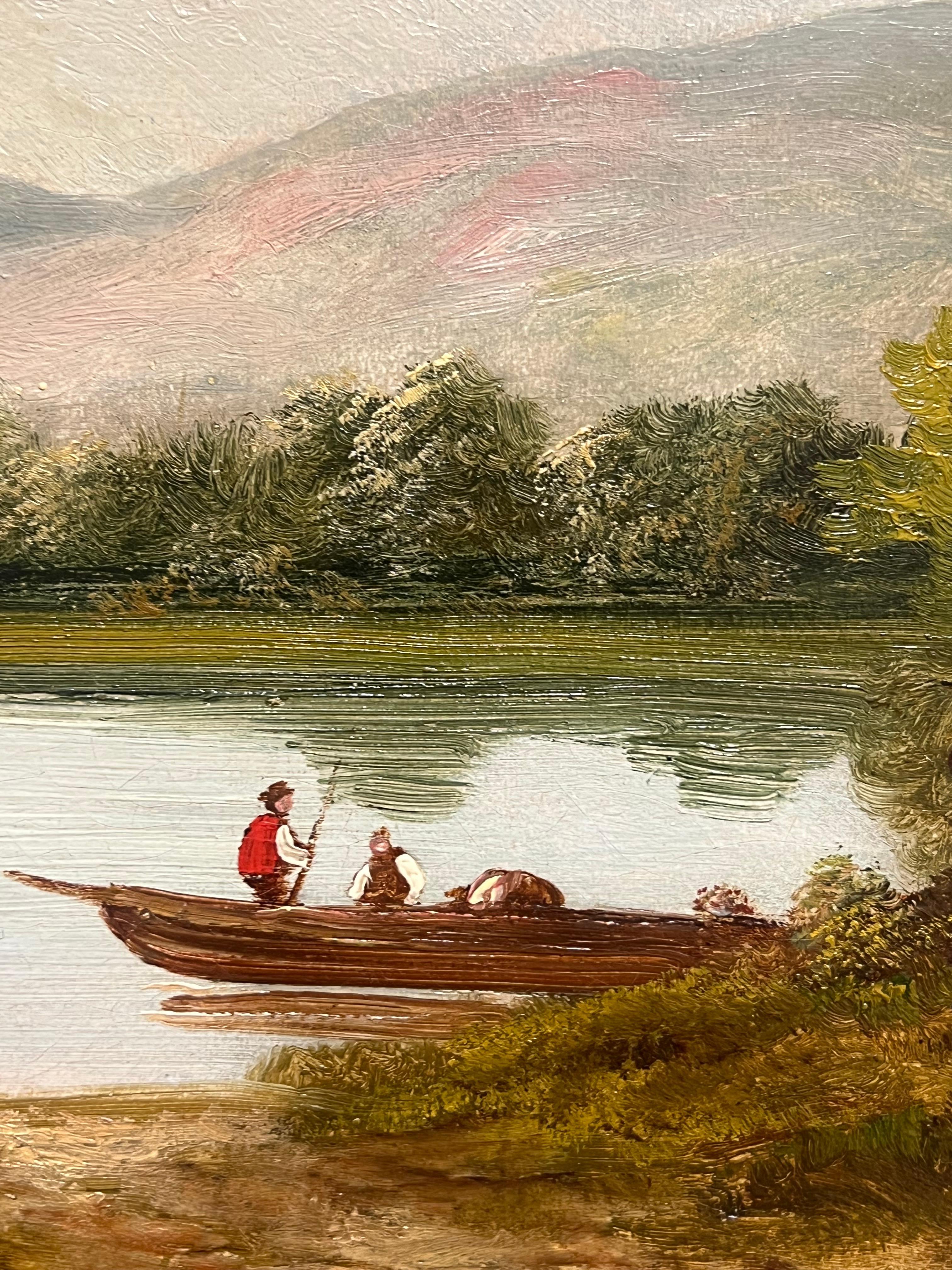 Figuren am ruhigen Flussufer mit Häuschen und Boot Klassische Landschaftsmalerei im Angebot 1