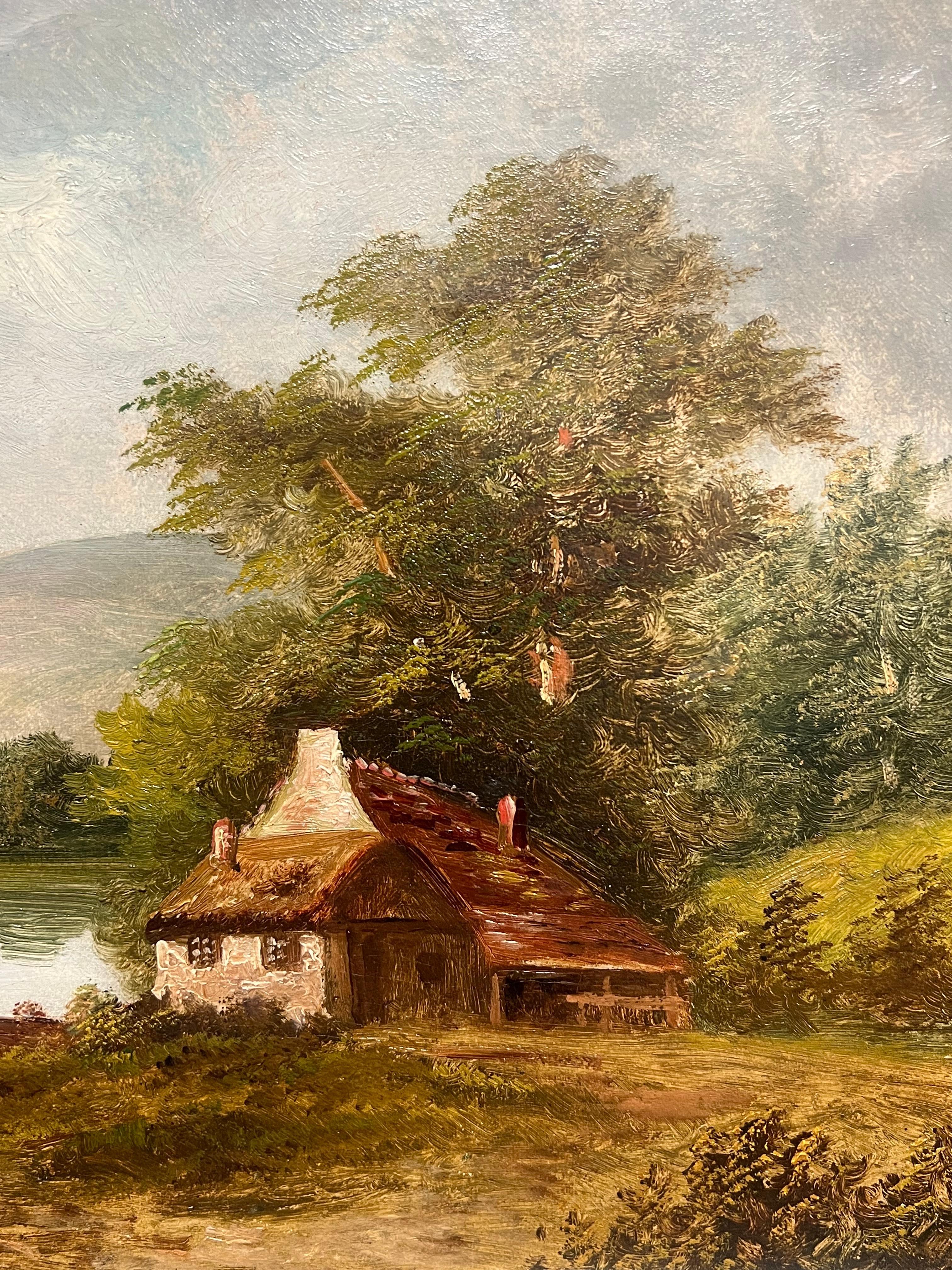 Figuren am ruhigen Flussufer mit Häuschen und Boot Klassische Landschaftsmalerei im Angebot 2