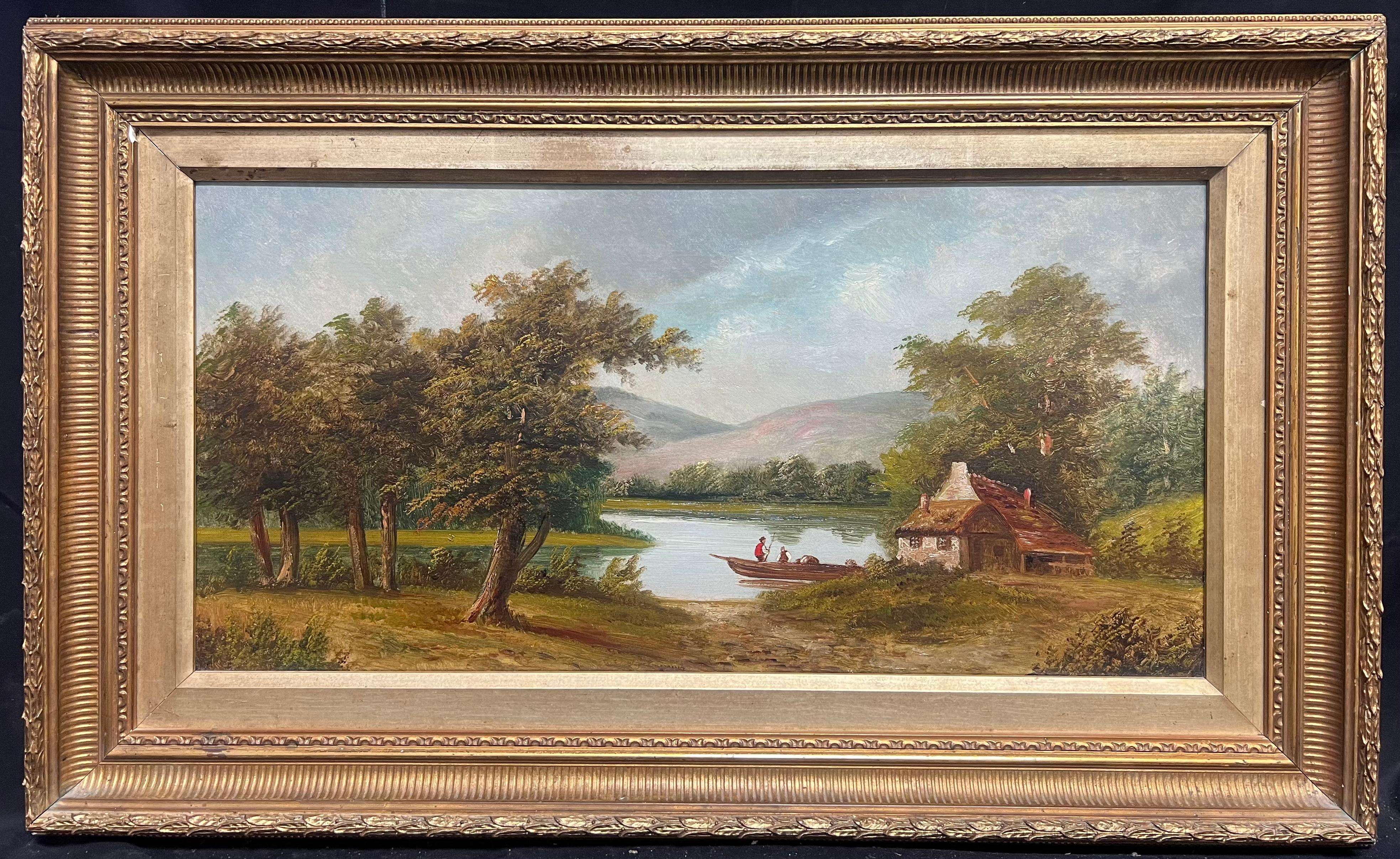 The Tranquil Riverbank with Cottage & Boat (Figures au bord d'une rivière tranquille avec chalet et bateau) Classic Landscape Painting (Peinture de paysage classique)