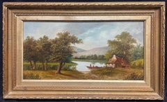 The Tranquil Riverbank with Cottage & Boat (Figures au bord d'une rivière tranquille avec chalet et bateau) Classic Landscape Painting (Peinture de paysage classique)