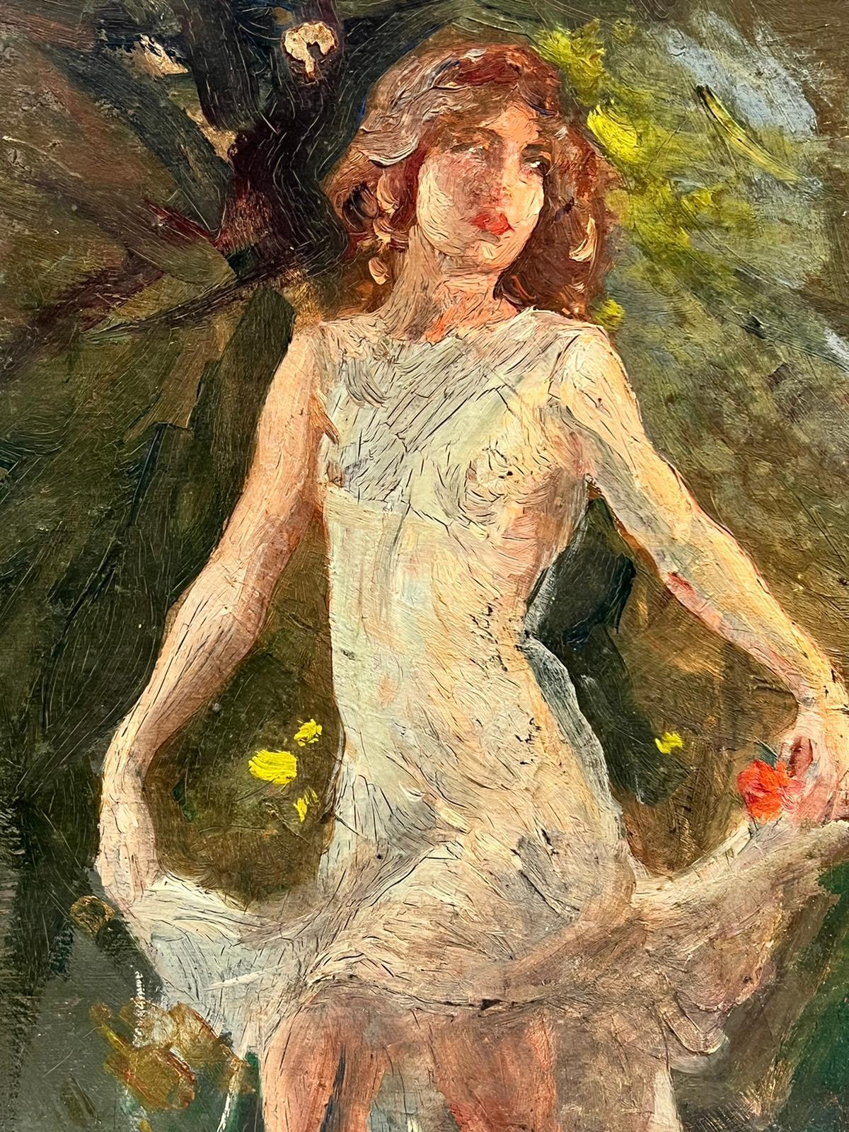 Lady in White Dress Dancing in Garden Beautiful Impressionist Oil Sketch  - Painting by Antique English 
