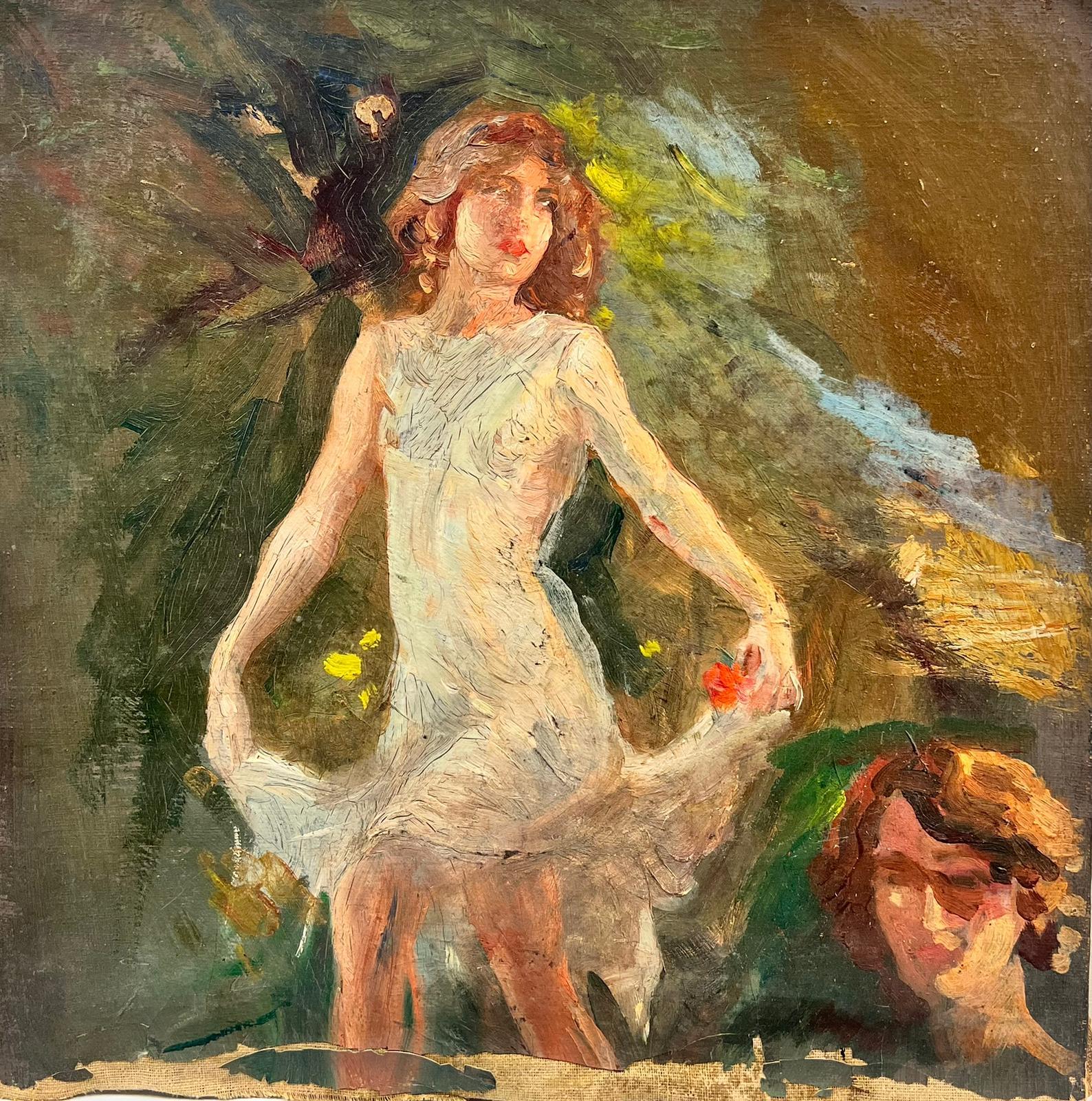 Antique English  Portrait Painting - Lady in White Dress Dancing in Garden Beautiful Impressionist Oil Sketch 