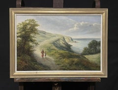 Mother & Daughter Walking Coastal Pathway, Antique English Oil Painting