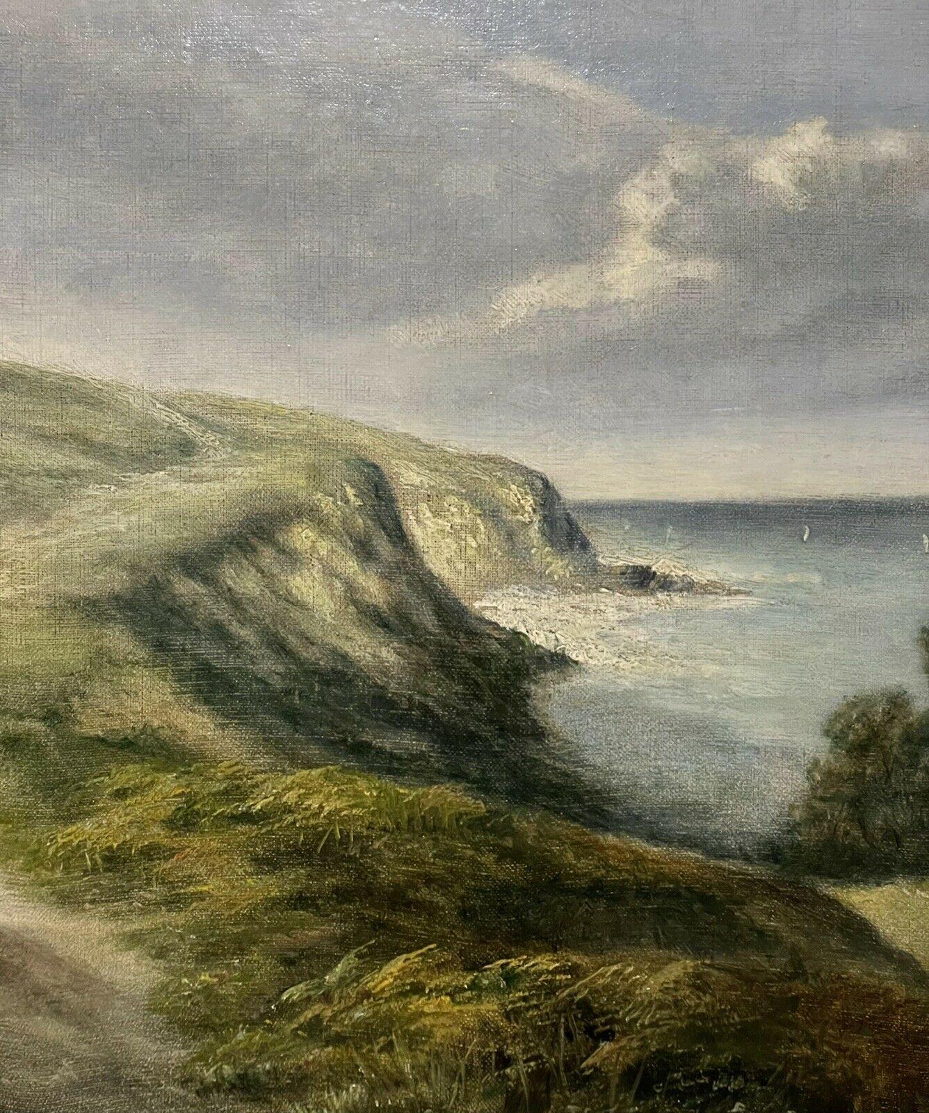 Mother & Daughter Walking Coastal Pathway, Peinture à l'huile anglaise d'antiquités - Victorien Painting par Antique English 