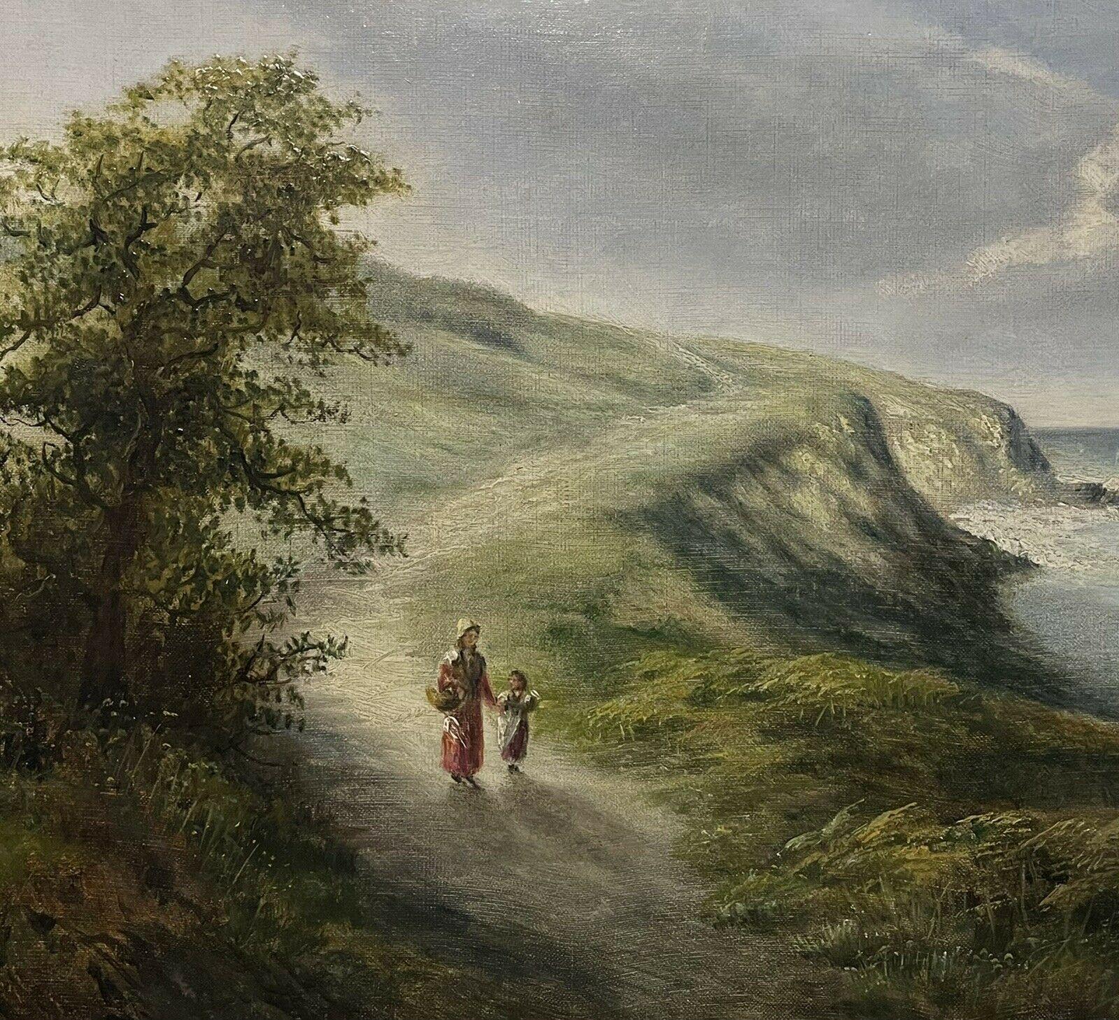 Mother & Daughter Walking Coastal Pathway, Peinture à l'huile anglaise d'antiquités - Gris Figurative Painting par Antique English 