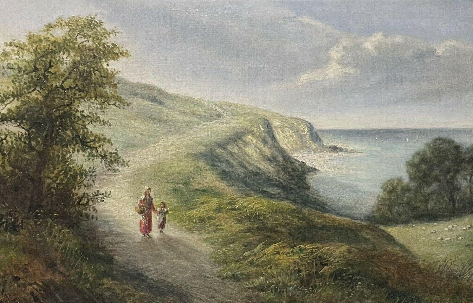 Figurative Painting Antique English  - Mother & Daughter Walking Coastal Pathway, Peinture à l'huile anglaise d'antiquités