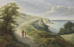 Mother & Daughter Walking Coastal Pathway, Antique English Oil Painting