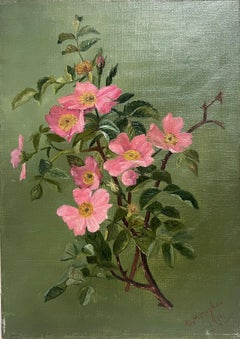 Sprig of Pink Flowers & Greenery Signed & dated 1914 English Oil Painting Canvas