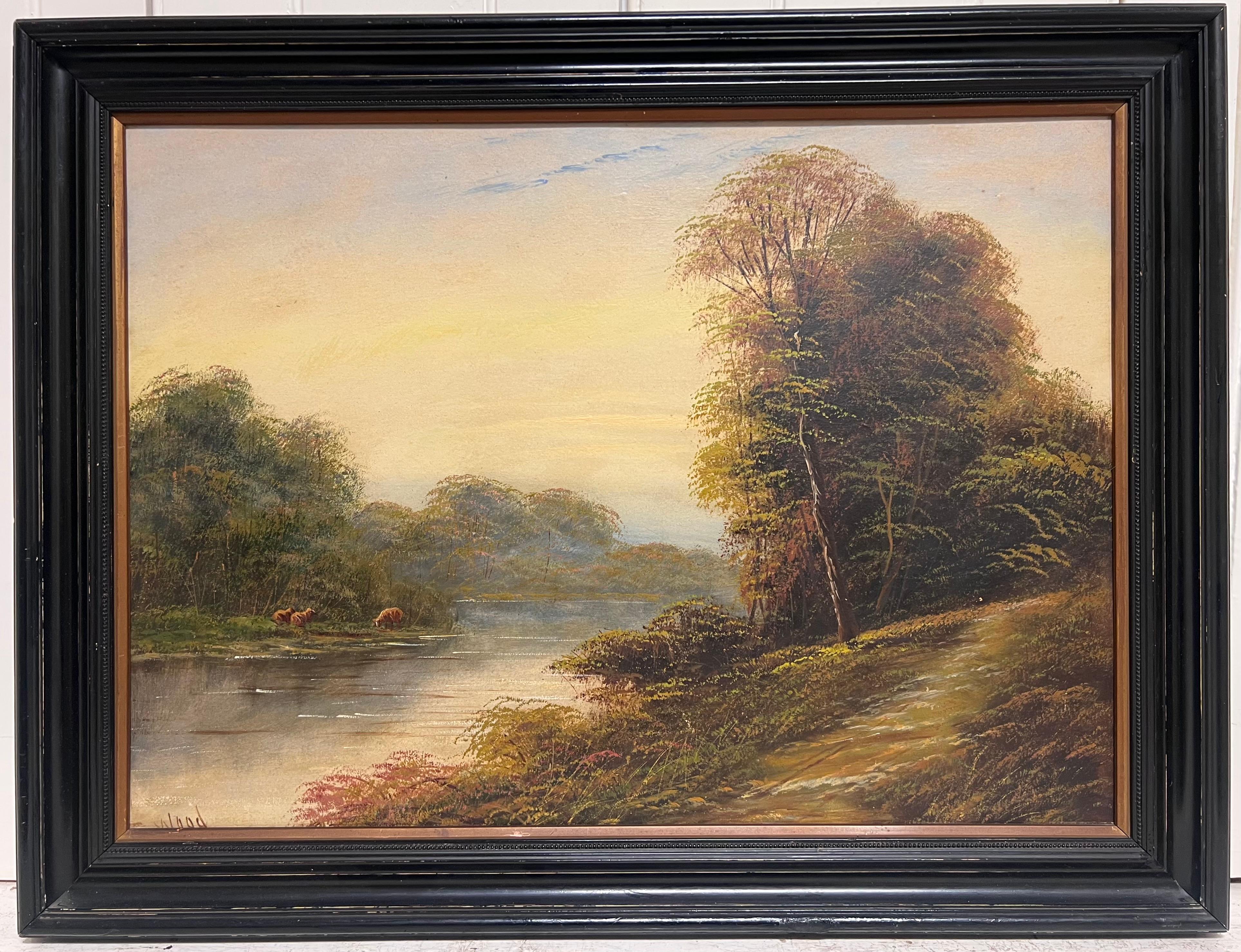 Paysage pastoral Tranquil River Grazing Banks of Sunset River Landscape - Painting de Antique English 