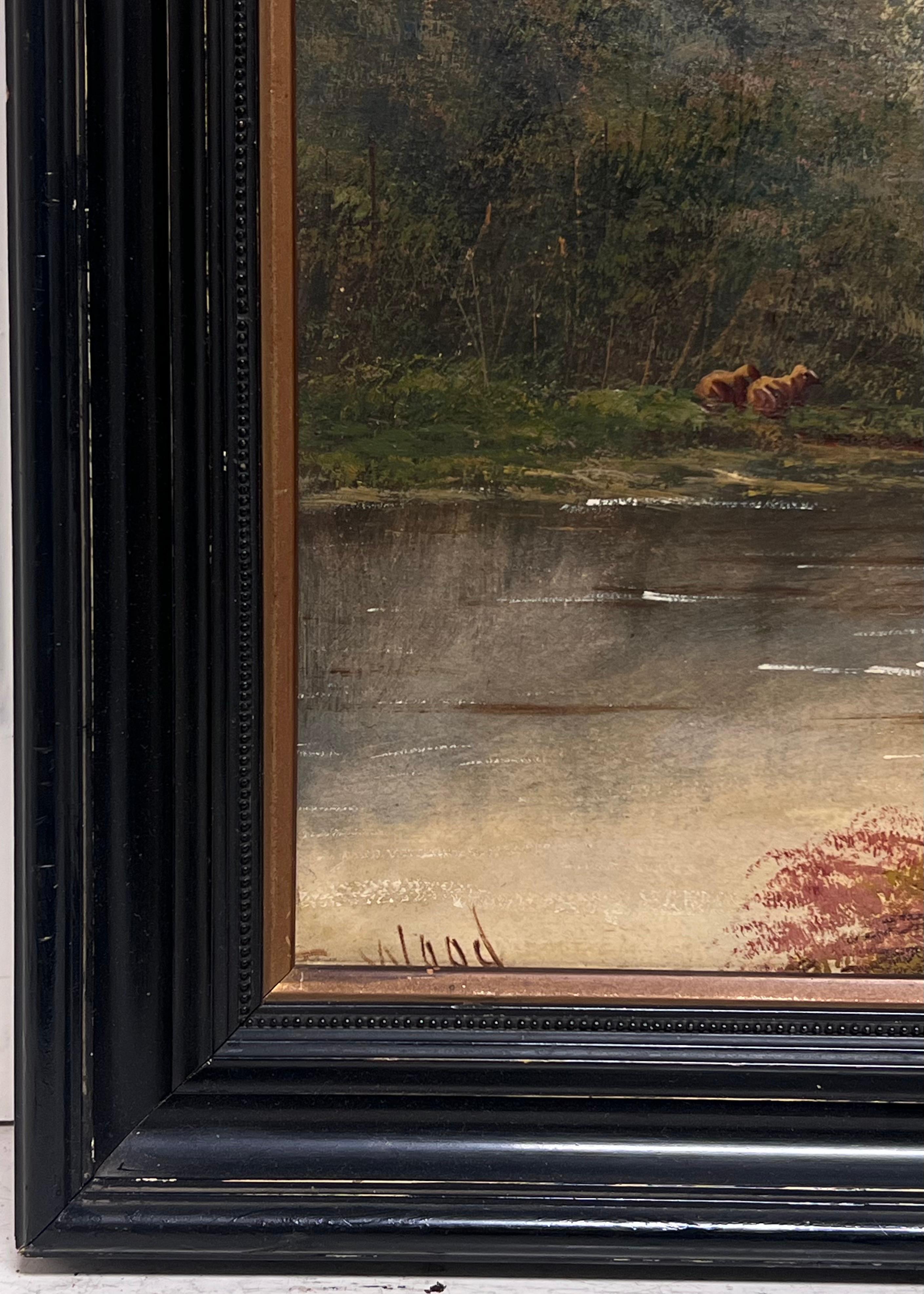 Paysage pastoral Tranquil River Grazing Banks of Sunset River Landscape - Marron Landscape Painting par Antique English 