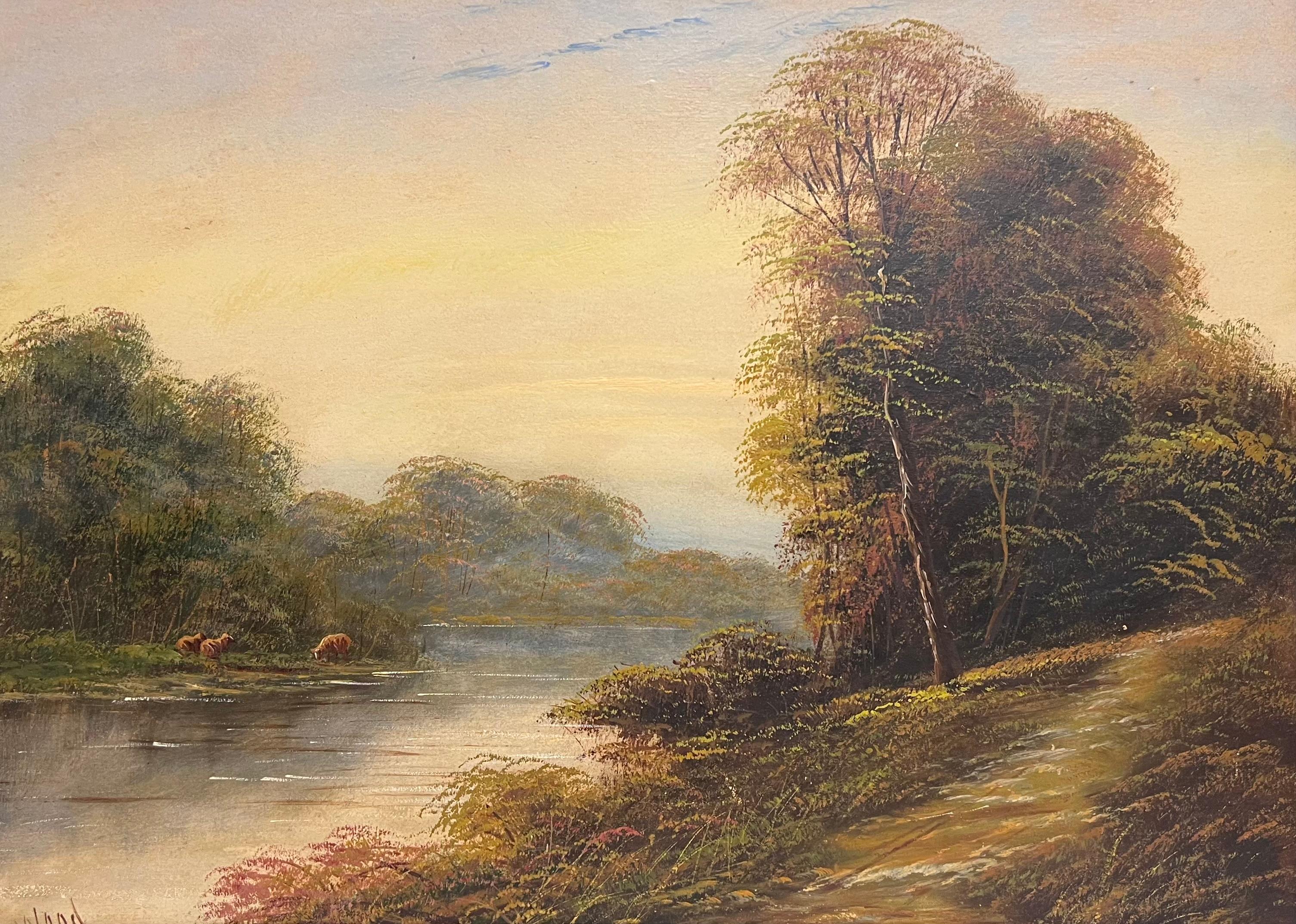 Landscape Painting Antique English  - Paysage pastoral Tranquil River Grazing Banks of Sunset River Landscape