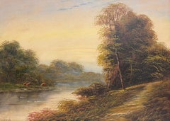 Tranquil Pastoral Landscape River Grazing Banks of Sunset River Landscape Oil