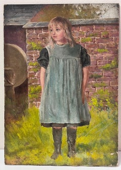 Victorian English Oil Painting Young Girl In Dress Standing in Village Garden