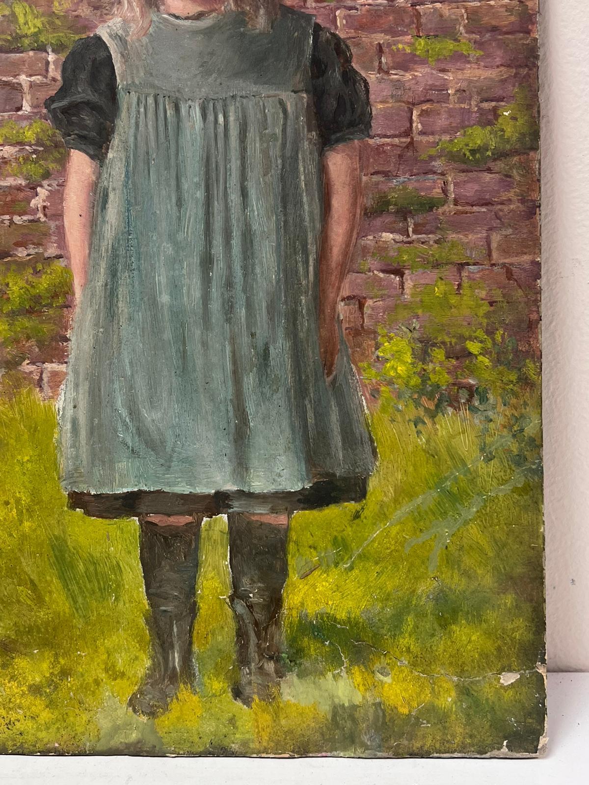 Victorian English Oil Painting Young Girl In Dress Standing in Village Garden For Sale 2