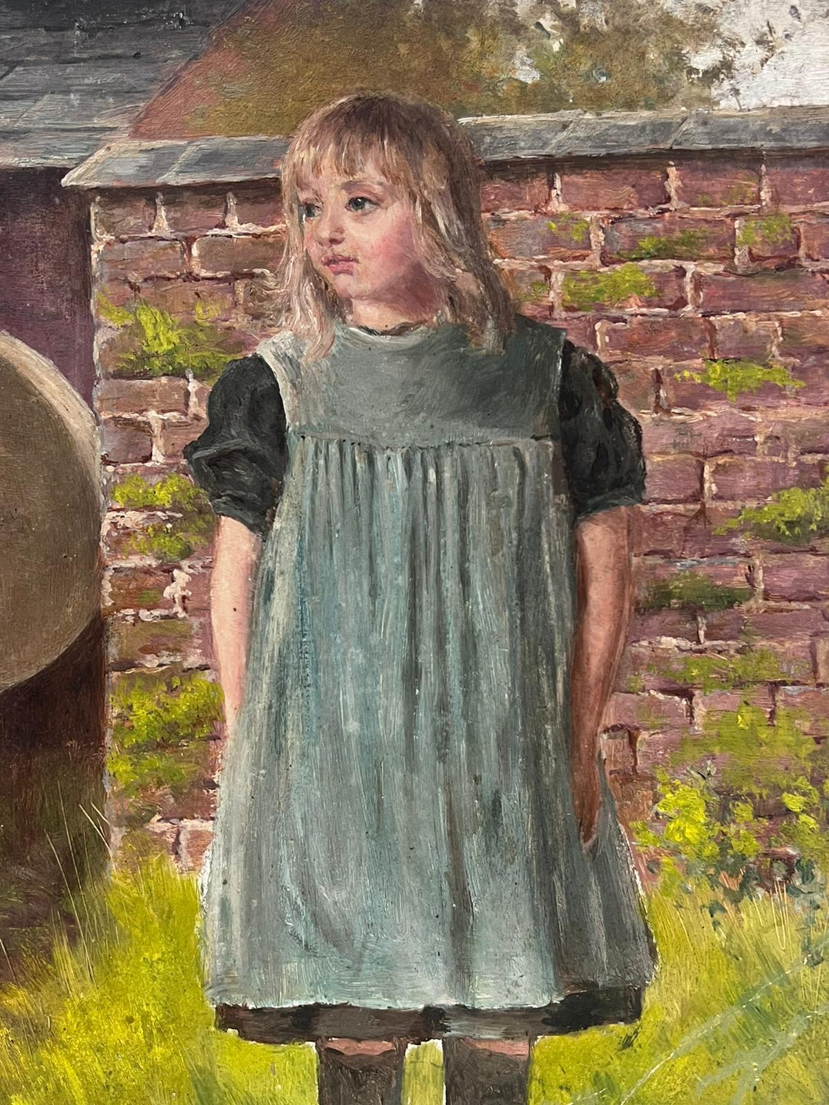 Antique English  Portrait Painting - Victorian English Oil Painting Young Girl In Dress Standing in Village Garden