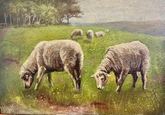 Victorian English Oil Sheep Grazing in Meadow Tranquil Pastures