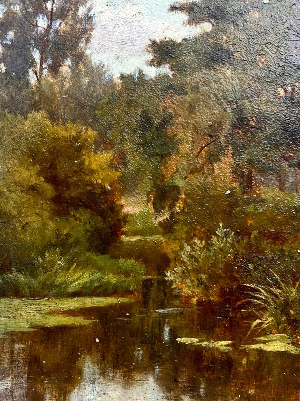 Victorian English Oil Woodland River Landscape with Pond  - Painting by Antique English 