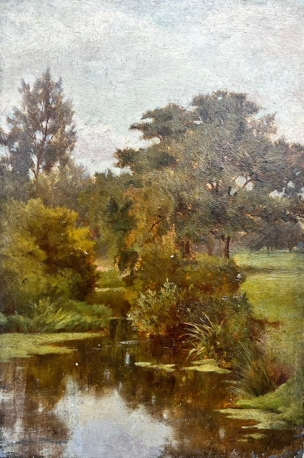 Antique English  Landscape Painting - Victorian English Oil Woodland River Landscape with Pond 