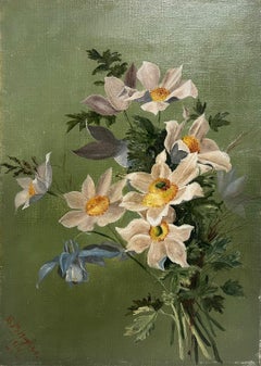 white flowers paintings White Flowers Sprig Blossom Dated 1914 Signed English Oil Painting on Canvas