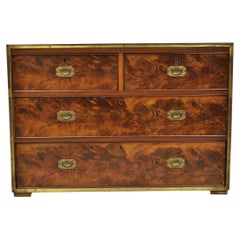 Antique English 4 Drawer Brass Banded Burr Walnut Campaign Chest Dresser