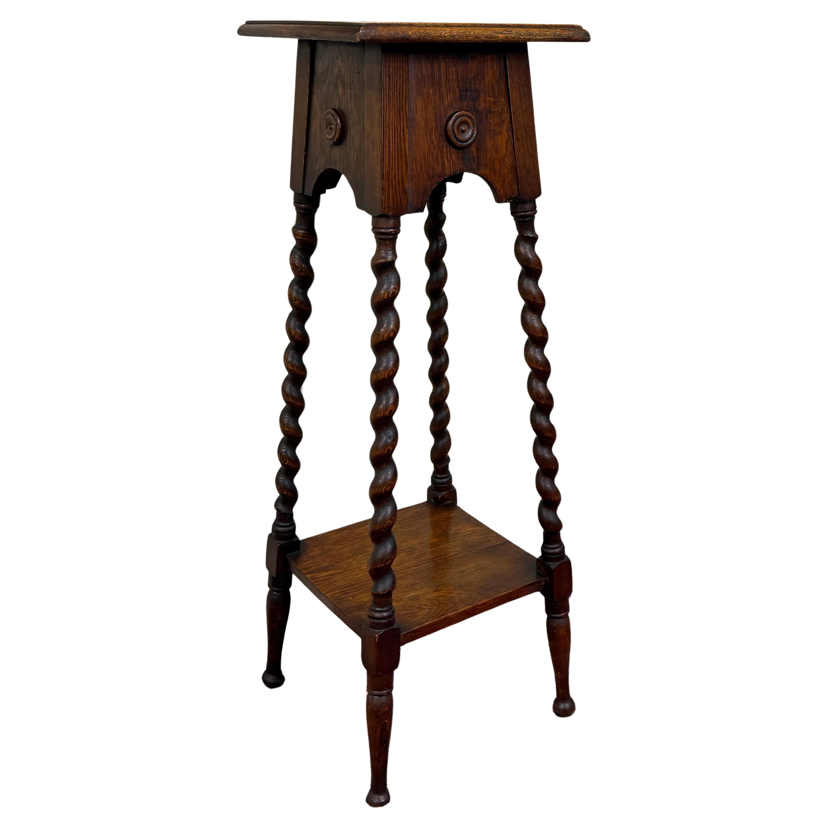 Antique English 4-Post Barley Twist Pedestal Plant Stand Jacobean Oak 36" Tall For Sale