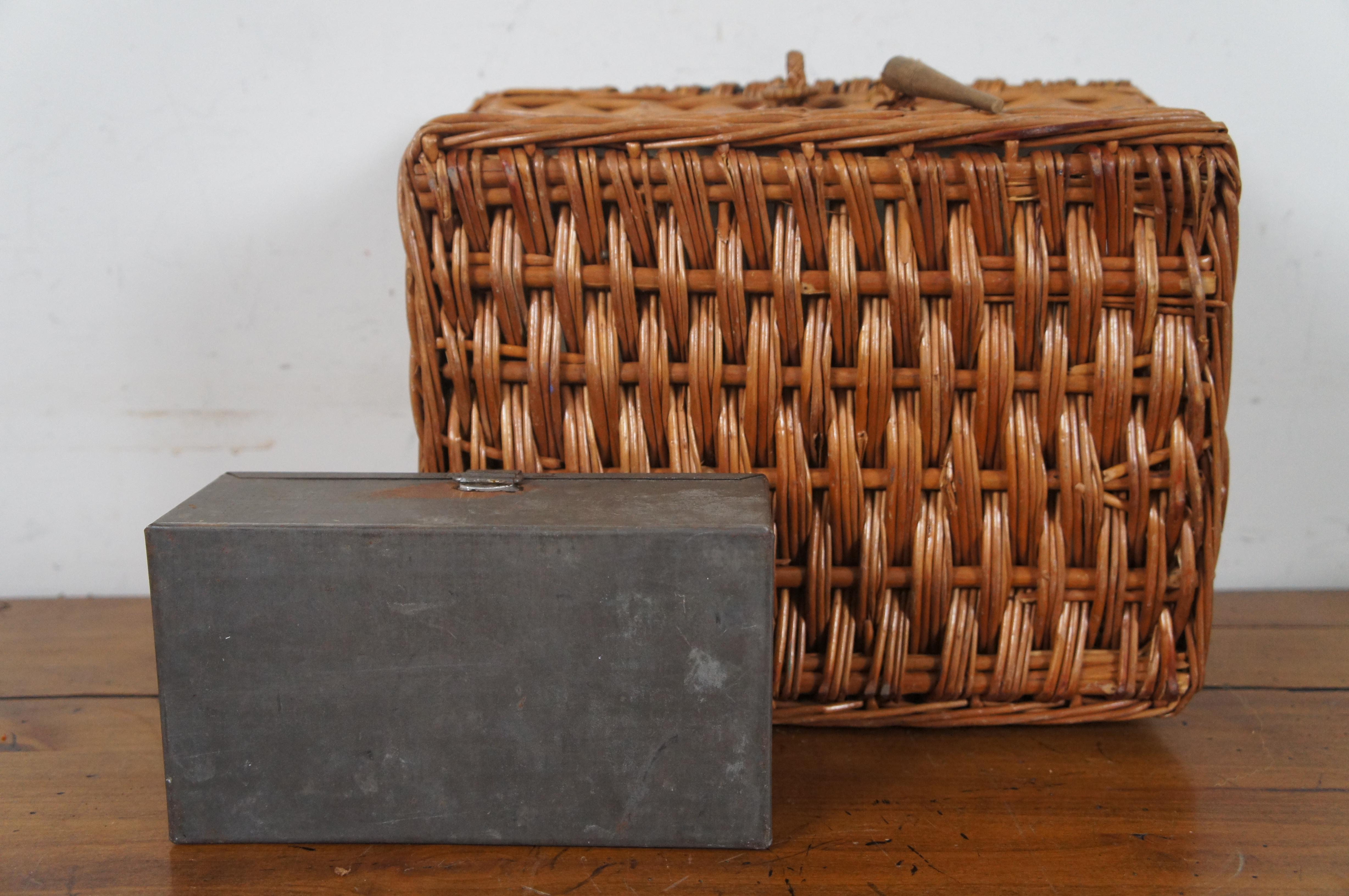 Antique English 7pc Coracle Wicker Travel Picnic Basket Box Hamper 5