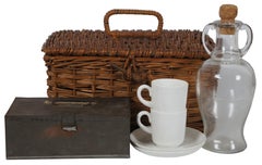 Antiker englischer 7er-teiliger Korakel Korbweide-Reise-Korbschachtel Hamper