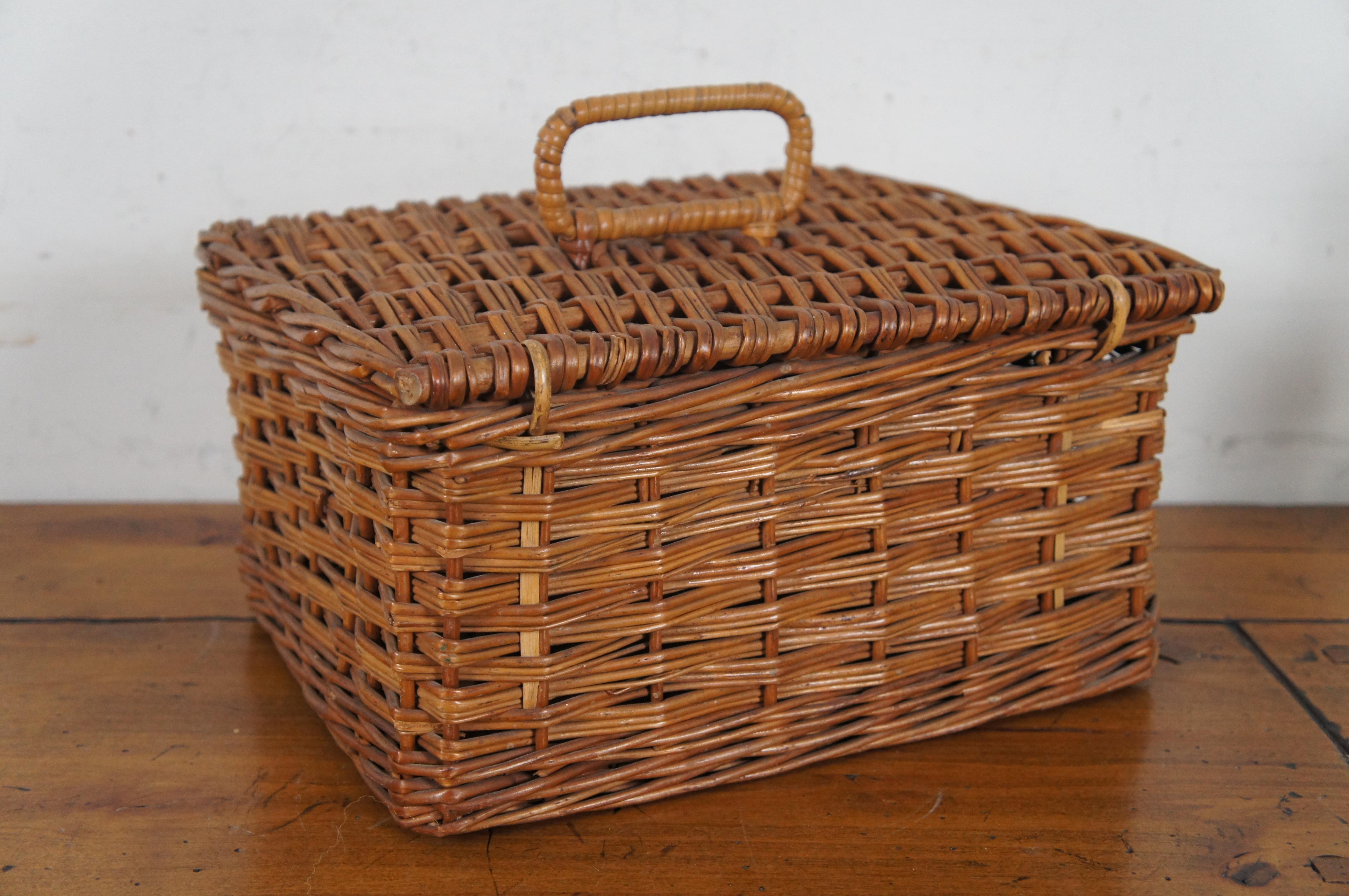 20th Century Antique English 7pc Coracle Wicker Travel Picnic Basket Box Hamper