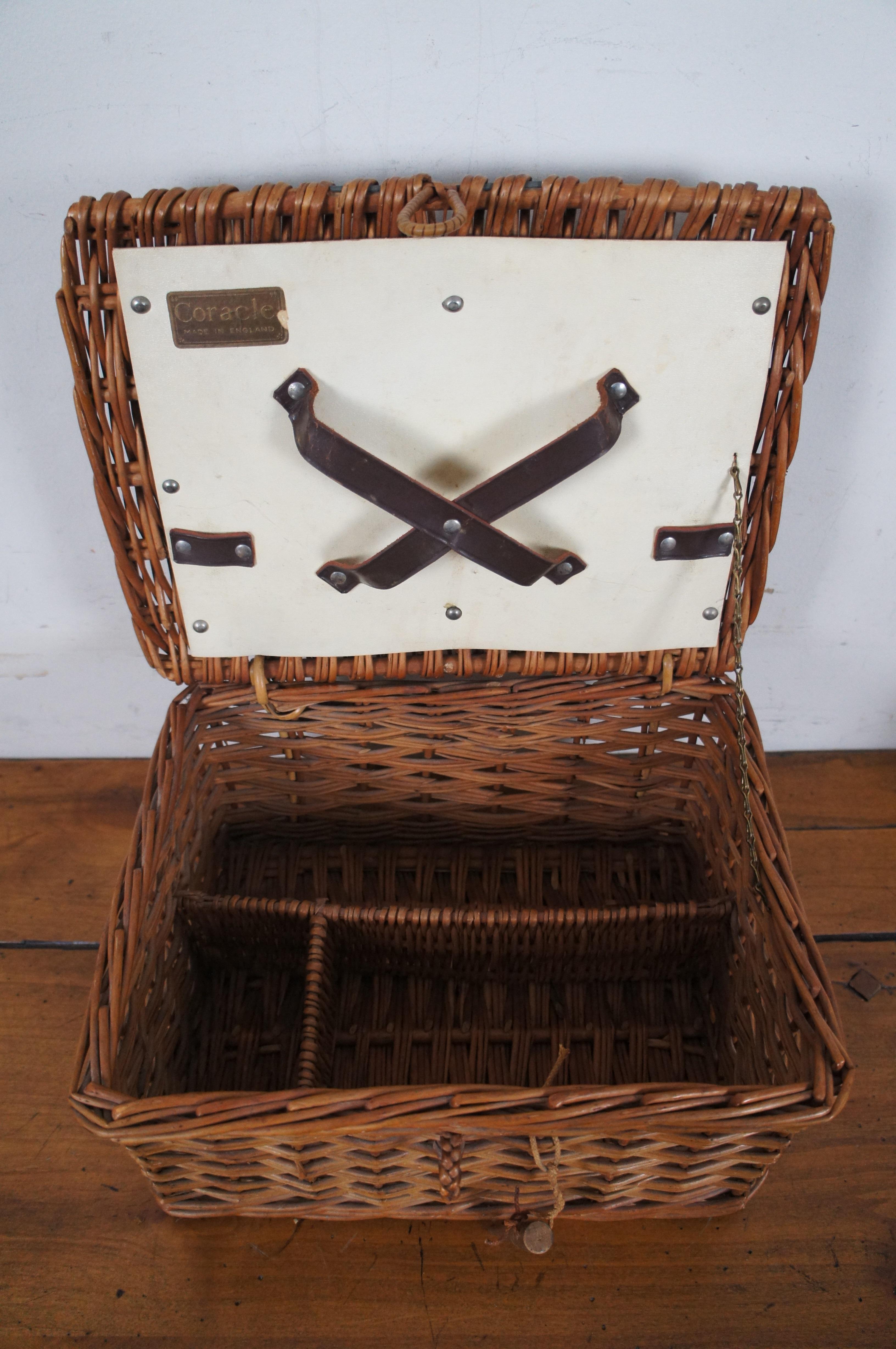 Antique English 7pc Coracle Wicker Travel Picnic Basket Box Hamper 1