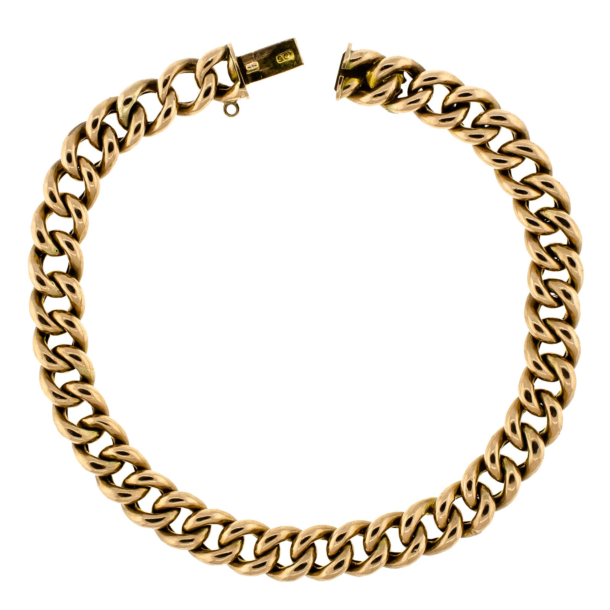Antique English 9ct yellow gold curb-link bracelet with concealed box link clasp measuring approximately 8 1/4