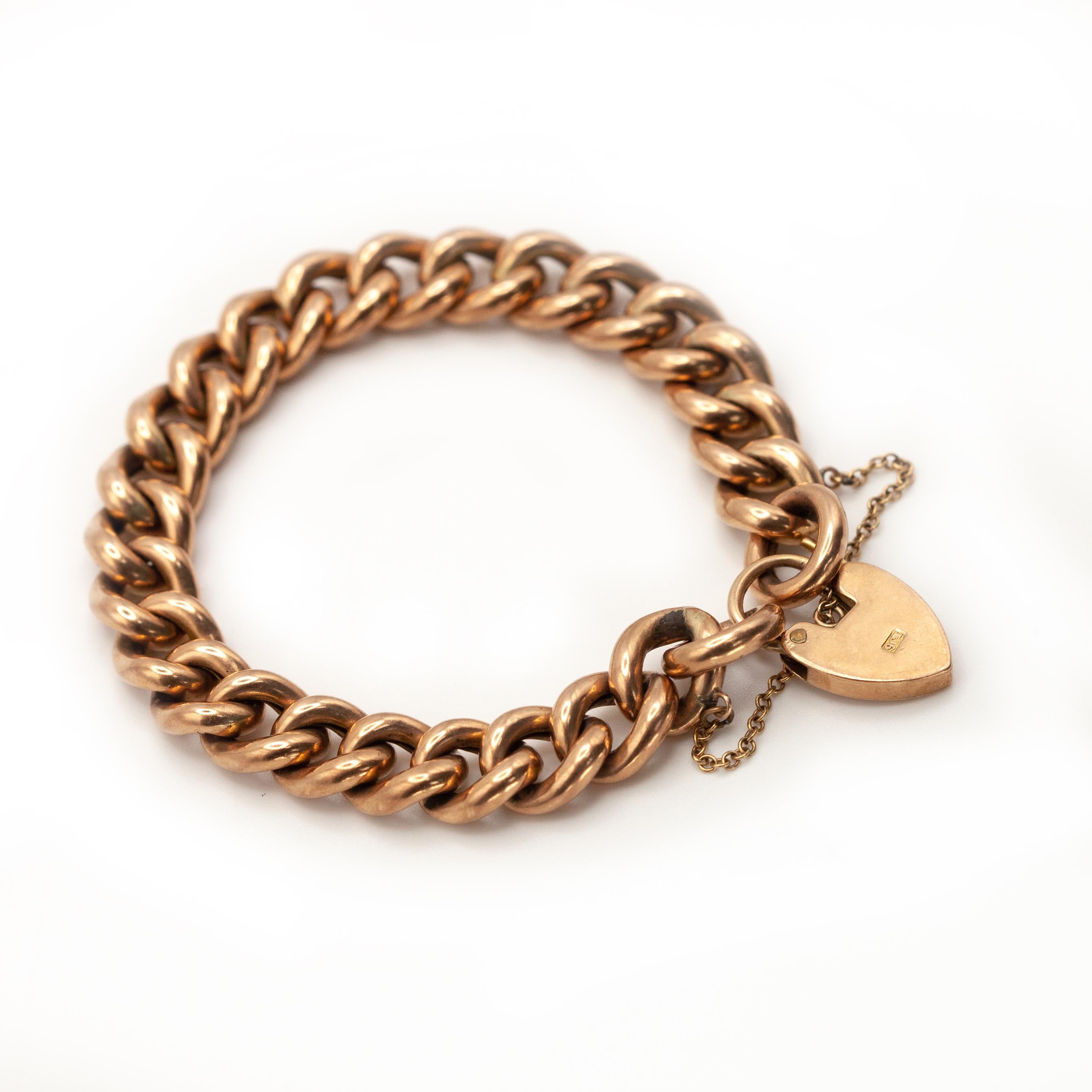 Antique English 9K Gold Curb Link Heart Padlock Clasp Bracelet For Sale 4