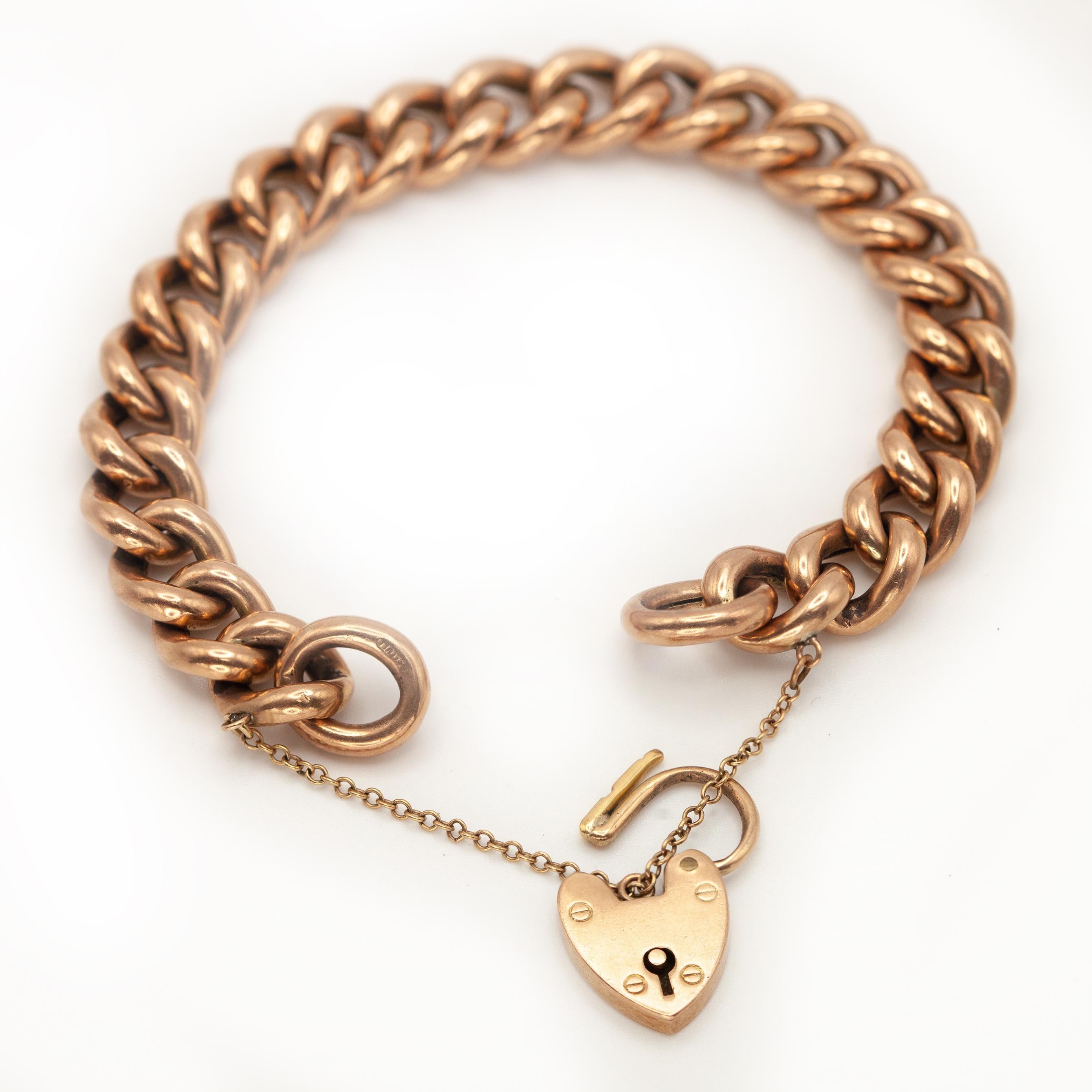 Victorian Antique English 9K Gold Curb Link Heart Padlock Clasp Bracelet For Sale
