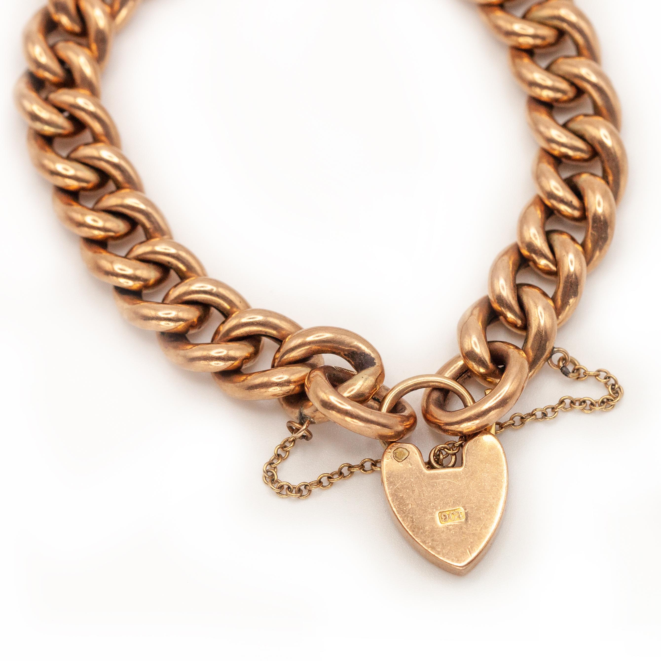 Women's or Men's Antique English 9K Gold Curb Link Heart Padlock Clasp Bracelet For Sale