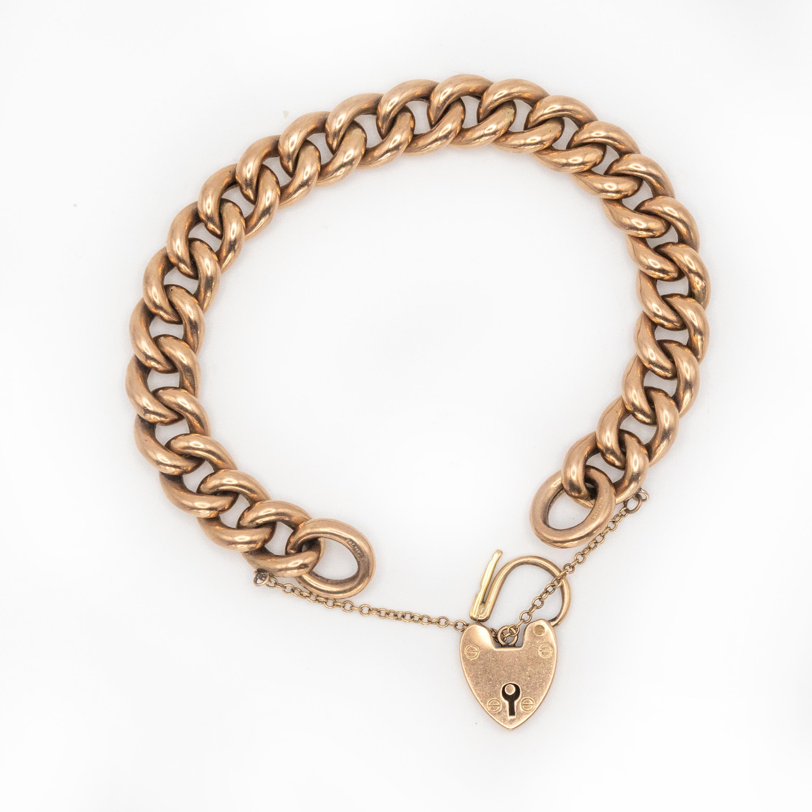 Antique English 9K Gold Curb Link Heart Padlock Clasp Bracelet For Sale 2