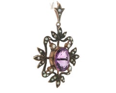 Antique English 9k Yellow Gold Amethyst Lavalier Seed Pearl Drop Brooch Pendant