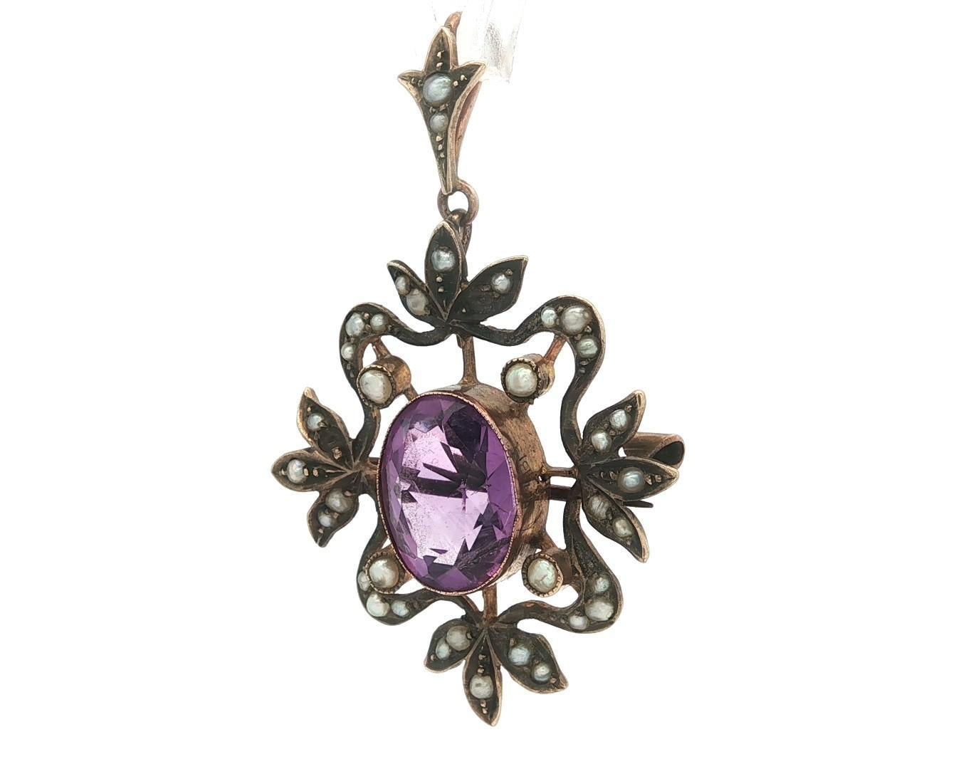 Taille ovale Pendentif broche en or jaune 9k anglais ancien Améthyste Lavalier Seed Pearl Drop en vente