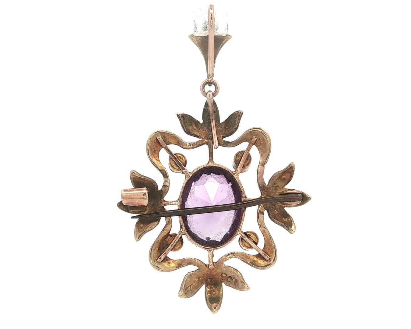 Pendentif broche en or jaune 9k anglais ancien Améthyste Lavalier Seed Pearl Drop Excellent état - En vente à Montclair, NJ