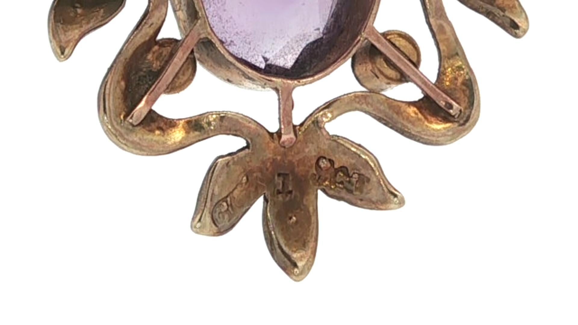 Pendentif broche en or jaune 9k anglais ancien Améthyste Lavalier Seed Pearl Drop Pour femmes en vente