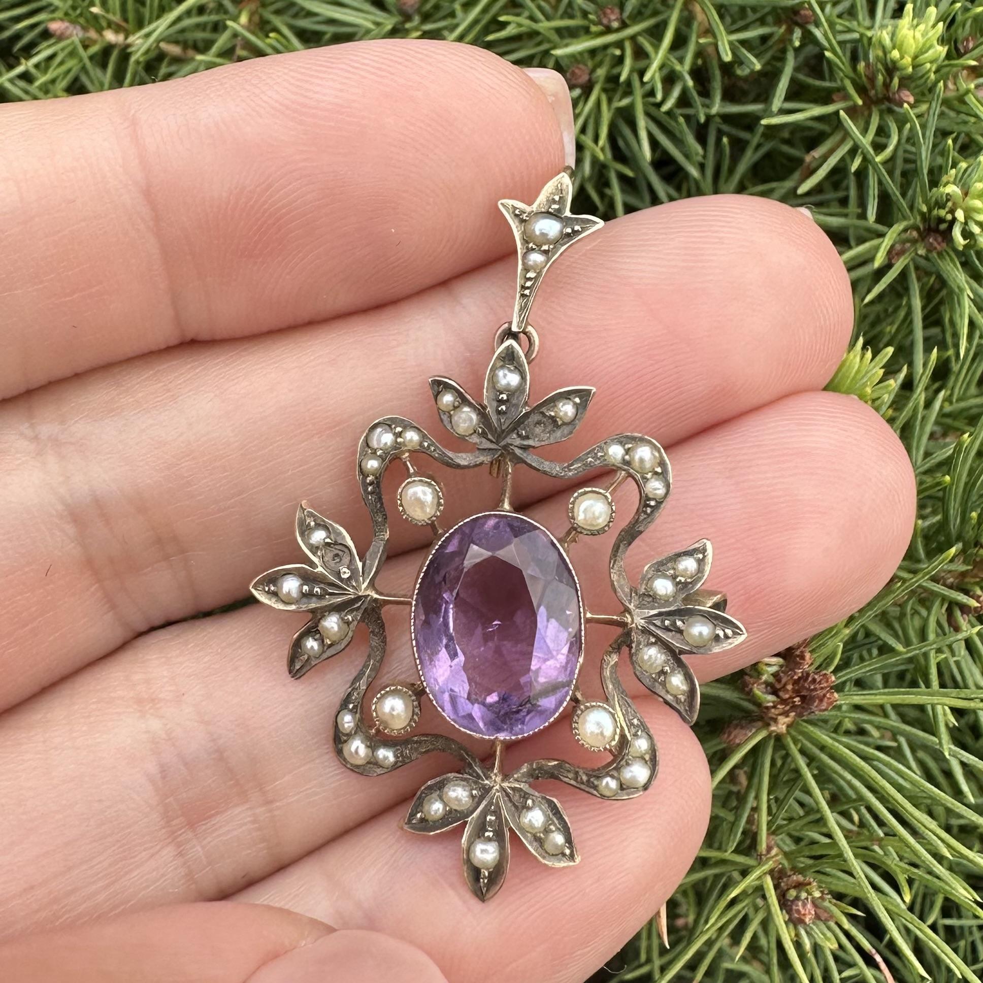 Pendentif broche en or jaune 9k anglais ancien Améthyste Lavalier Seed Pearl Drop en vente 1