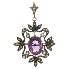 Antique English 9k Yellow Gold Amethyst Lavalier Seed Pearl Drop Brooch Pendant