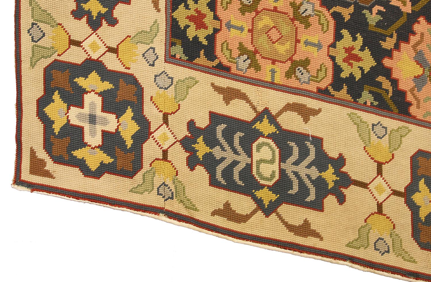 Hand-Knotted Antique English Abstract “Crab” Motifs Needlepoint, Ca. 1900 For Sale