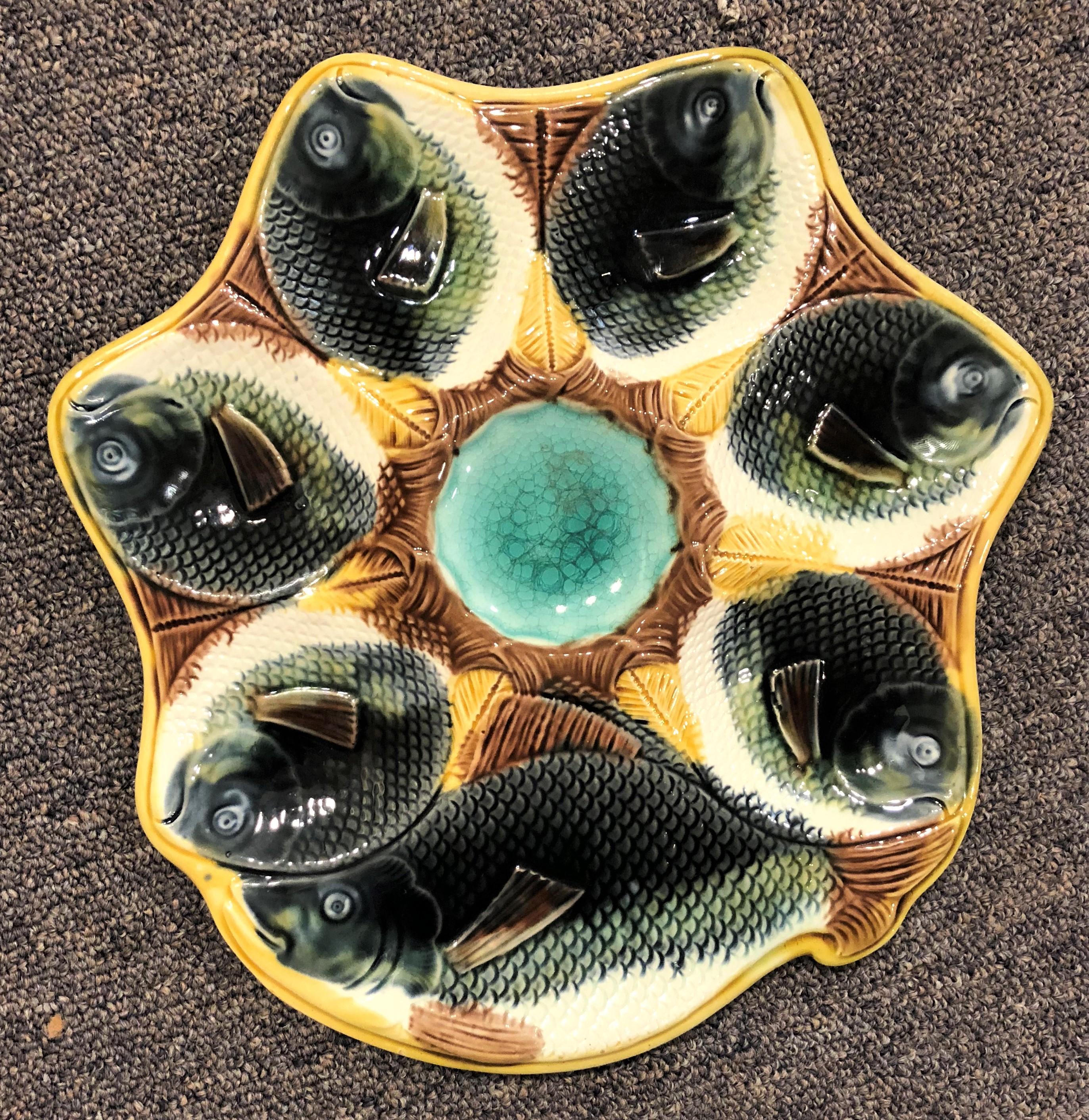 Antique English 'Adam & Bramley Co.' Hand-painted fish design oyster plate, circa 1890.