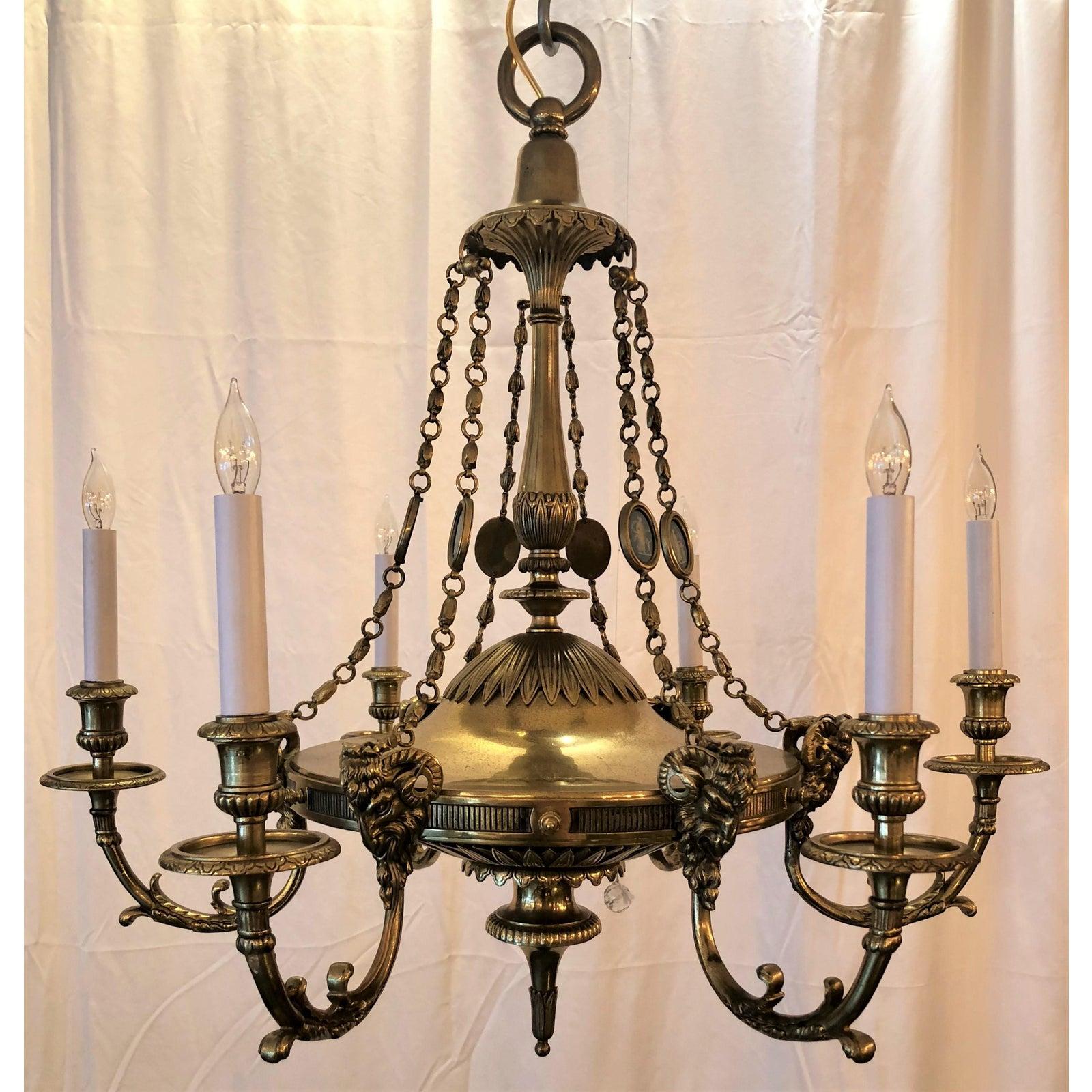 English Adam Design Classic Brass Fixture Chandelier with Wedgwood Insets In Good Condition For Sale In New Orleans, LA