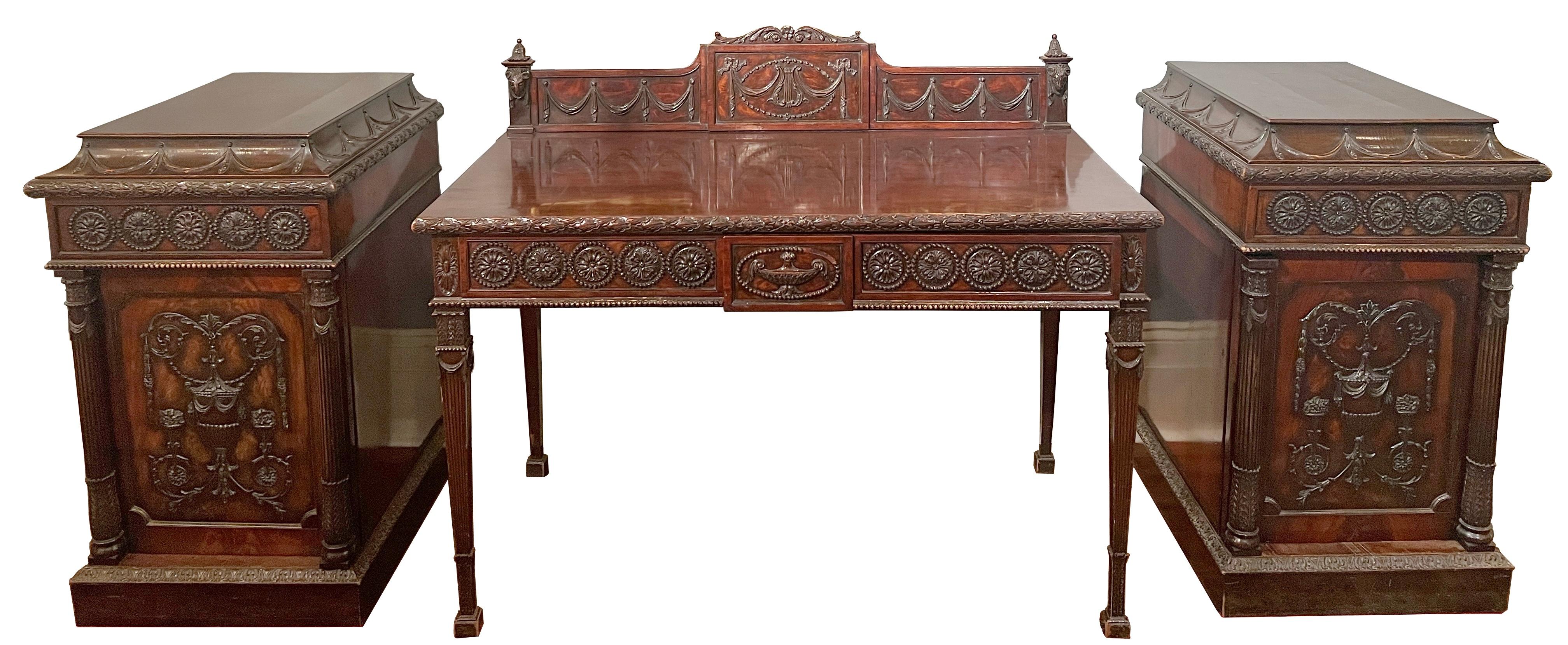 Antique English Adams Style Carved Mahogany 3 Piece Sideboard, Circa 1880. For Sale