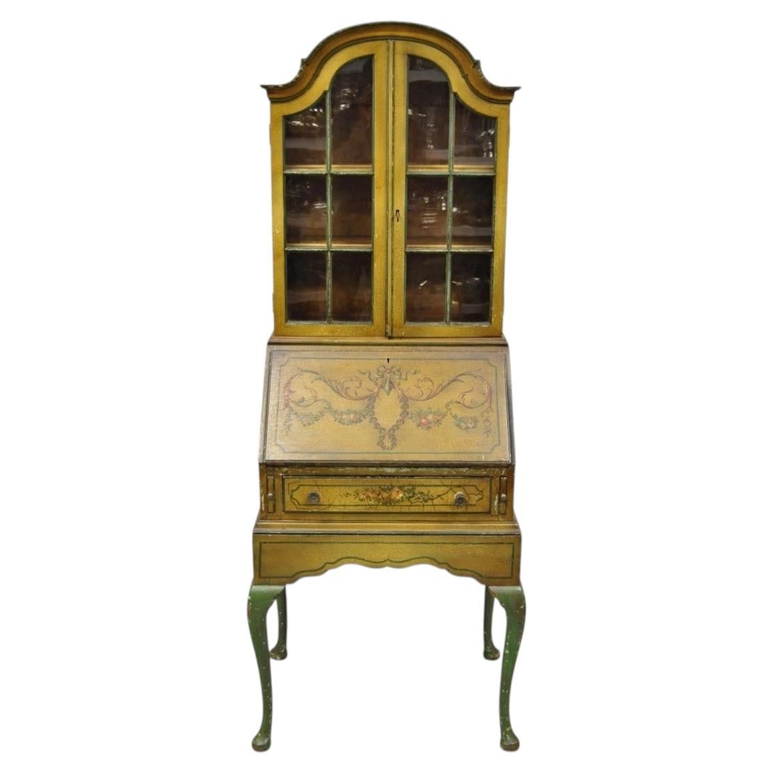 Escritorio secretario estrecho antiguo inglés, estilo Adams, con efecto envejecido y pintado a mano en venta