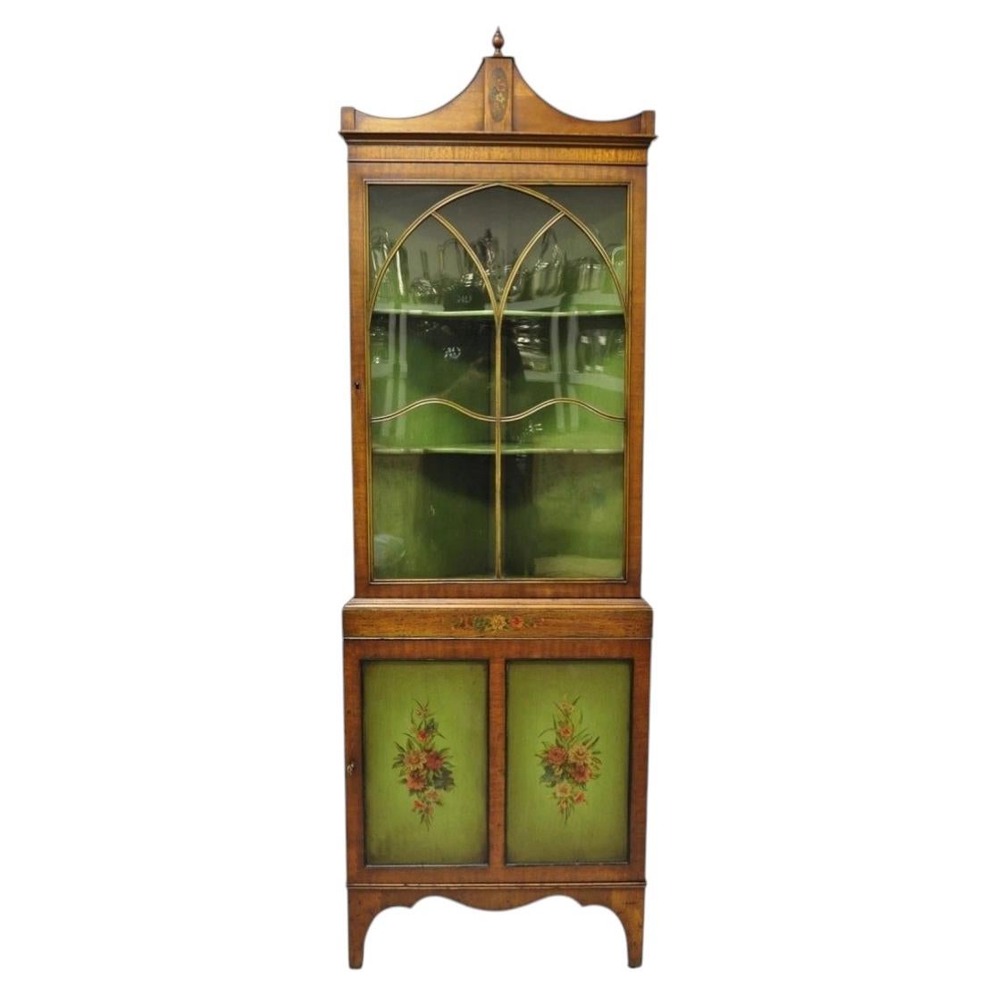 Antique English Adams Style Green Hand Painted Narrow Corner China Cabinet For Sale
