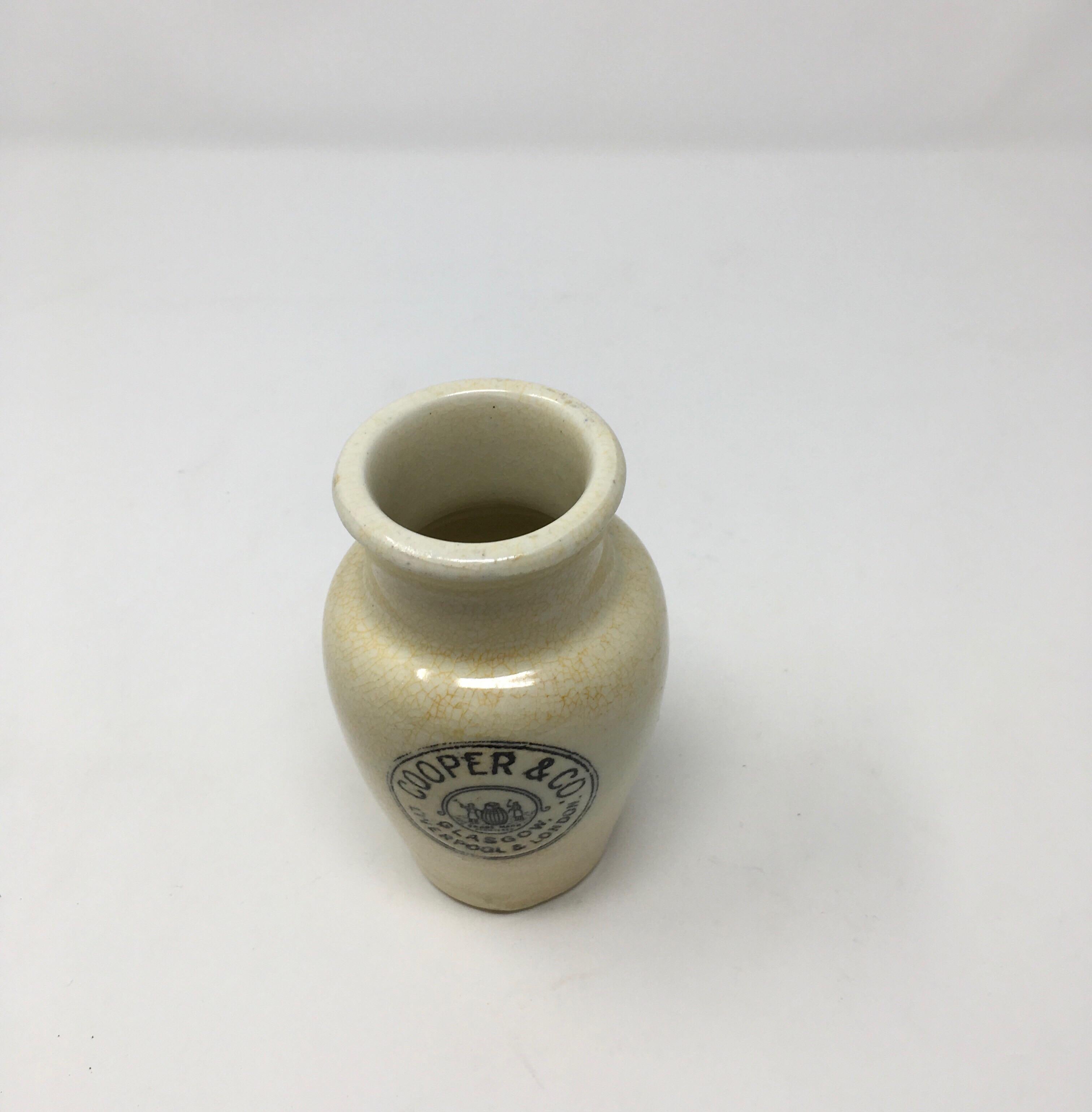 Stoneware Antique English Advertising Cream Pot, Cooper & Co. Glasgow, Liverpool & London