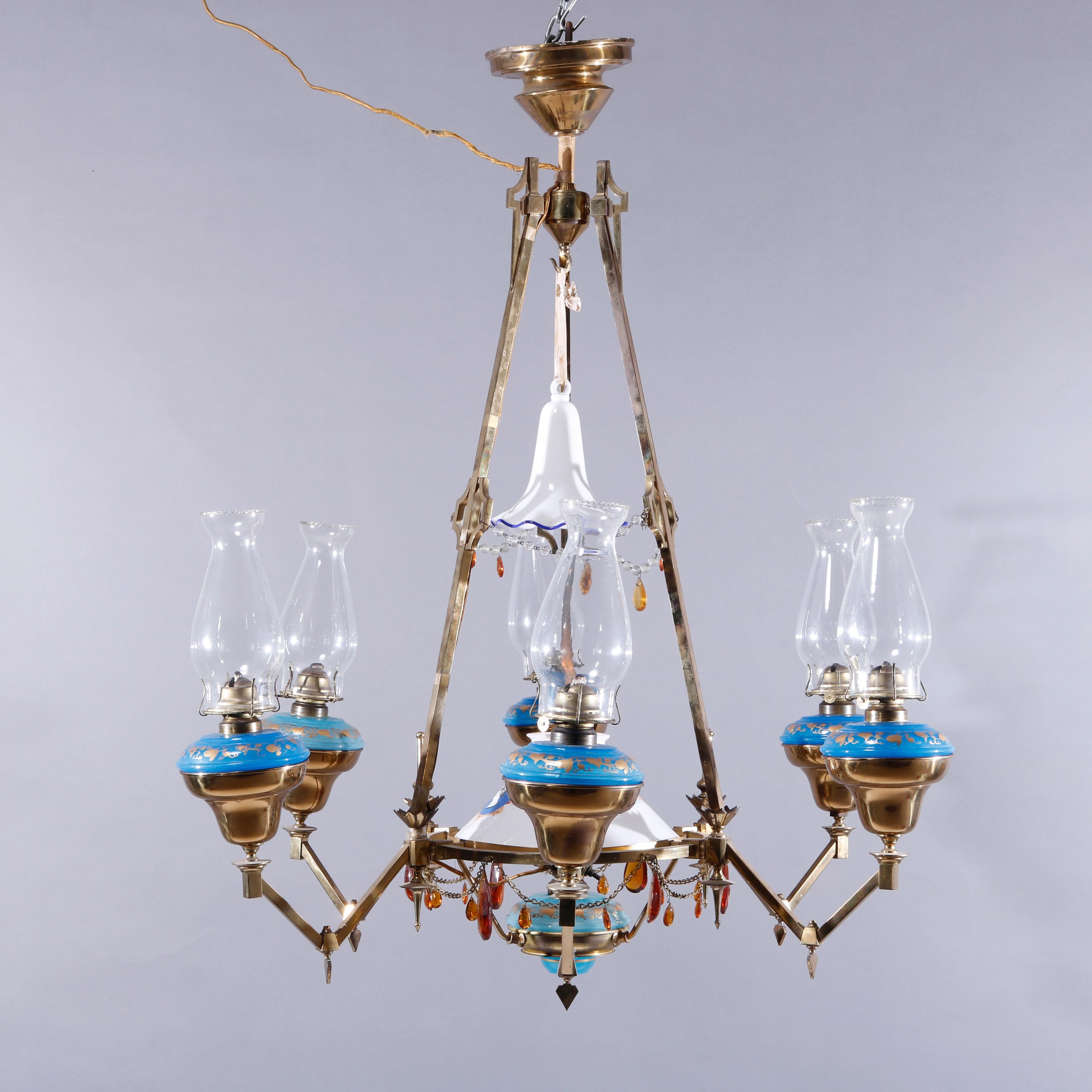 Antique English Aesthetic Brass Oil Lamp Chandelier with Gilt Blue Opaline Fonts 1