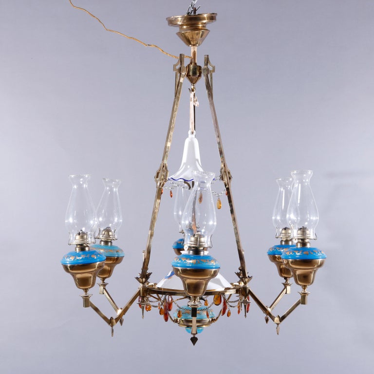 Antique English Aesthetic Brass Oil Lamp Chandelier with Gilt Blue Opaline Fonts For Sale 3