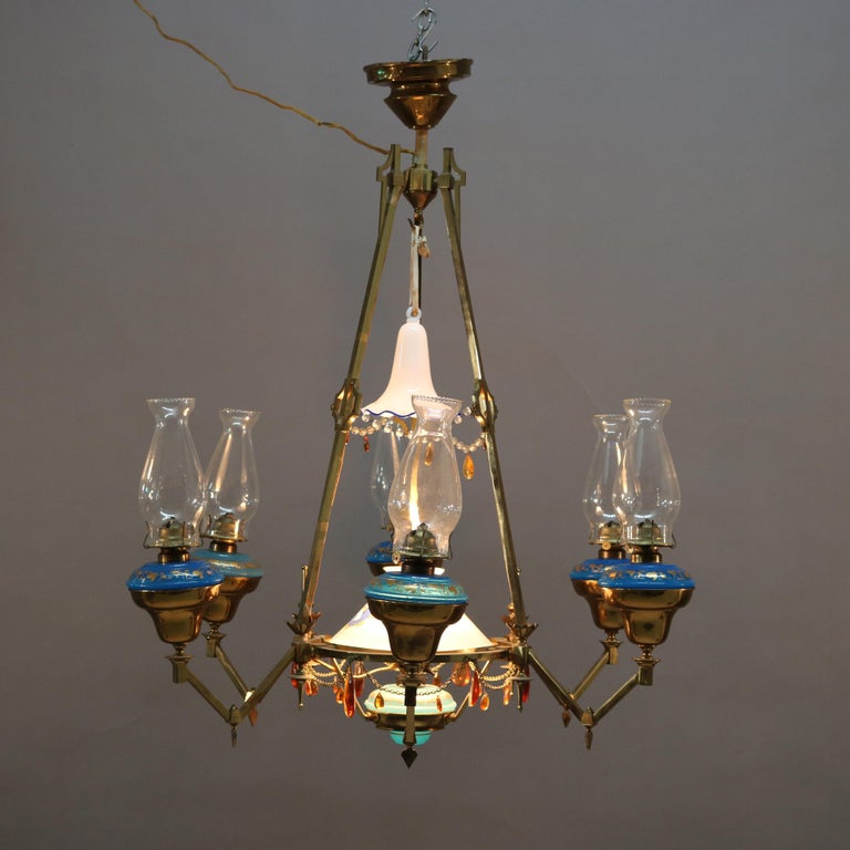 Antique English Aesthetic Brass Oil Lamp Chandelier with Gilt Blue Opaline Fonts For Sale 4